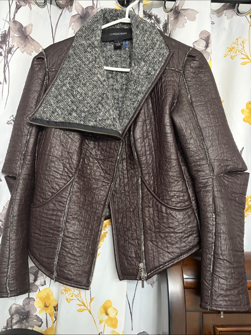 Women's Dark Brown Quilted Moto Jacket with Gray Knit Collar